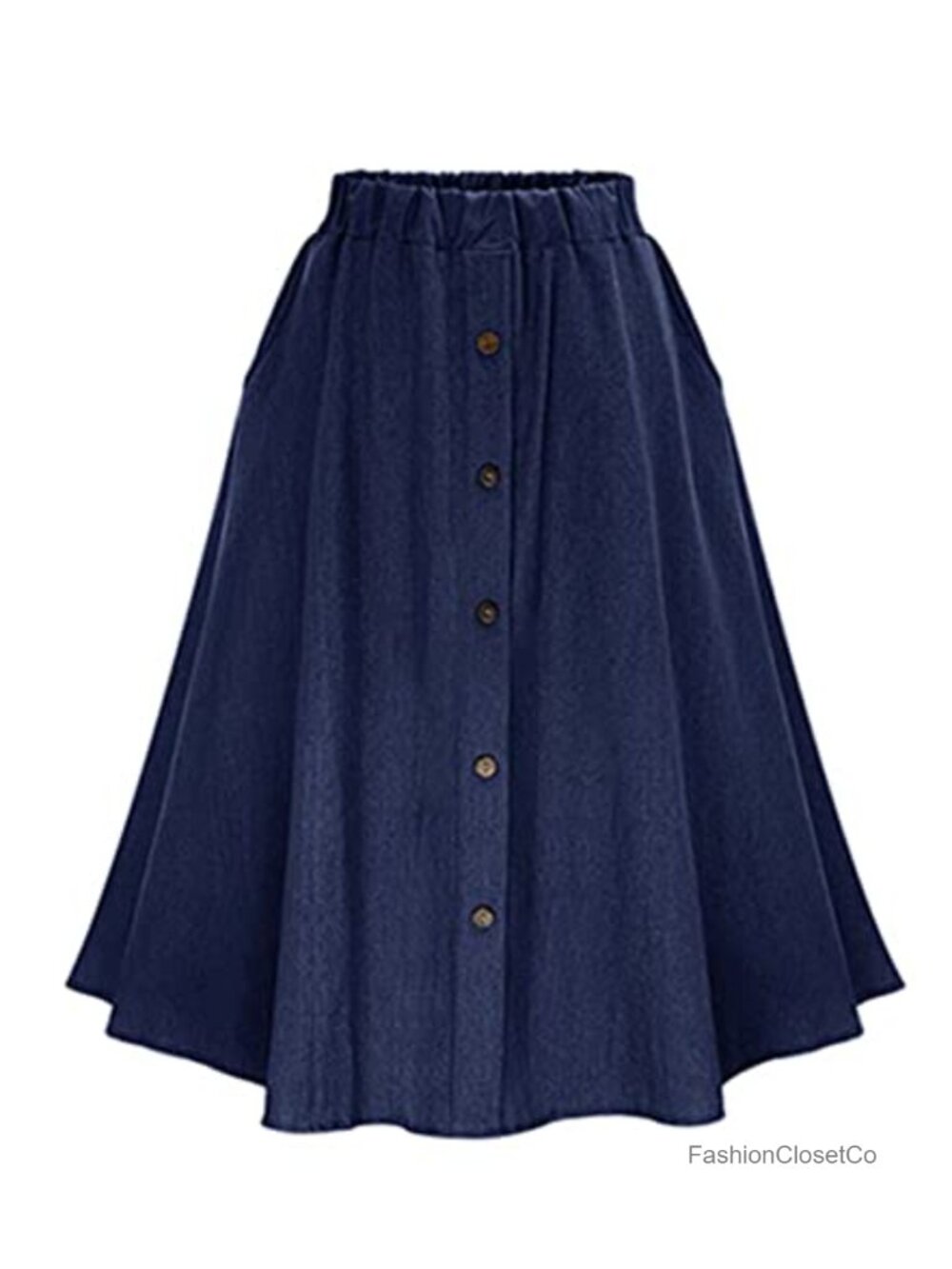 Cotton Denim High Waist Button Front A-Line Flowy Midi Skirt